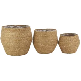 Cache-pots en jonc naturel et doublure plastique (Lot de 3)