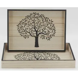 Plateaux rectangulaires en bois naturel Arbre de vie (Lot de 2)