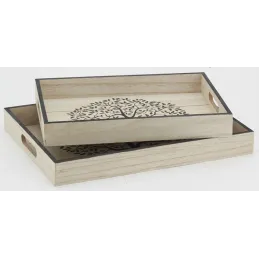 Plateaux rectangulaires en bois naturel Arbre de vie (Lot de 2)