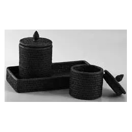 Ensemble boites et plateau en rotin laqué noir