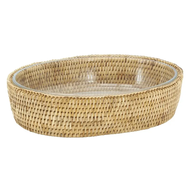 Ensemble plat ovale  et support rotin