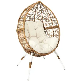 Fauteuil oeuf en résine tressée coussin en tissu beige