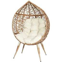 Fauteuil oeuf en résine tressée coussin en tissu beige