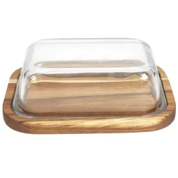 Beurrier en verre et acacia 19 x 14 cm
