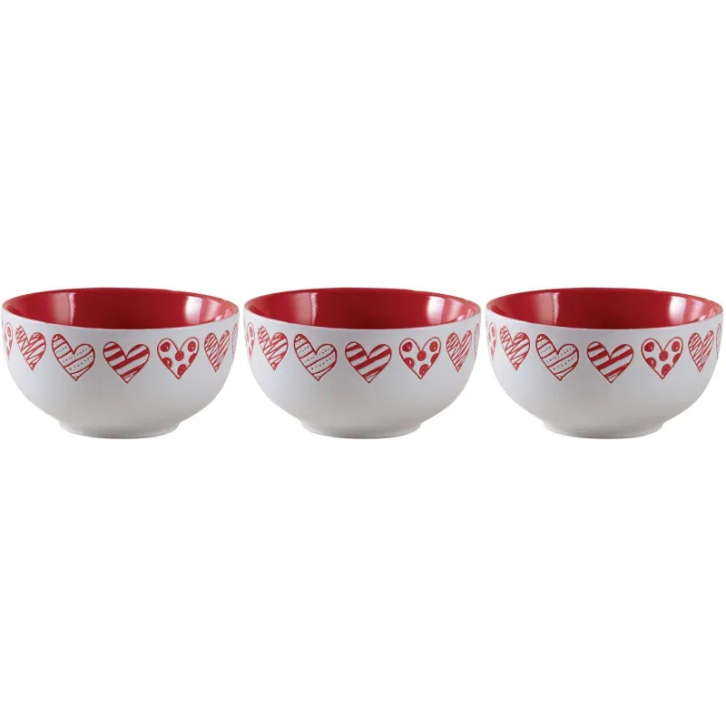 Bol en grès blanc avec coeur rouge (Lot de 3)