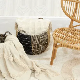 Corbeilles boules en jonc naturel et noir (lot de 3)