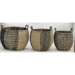 Corbeilles boules en jonc naturel et noir (lot de 3)