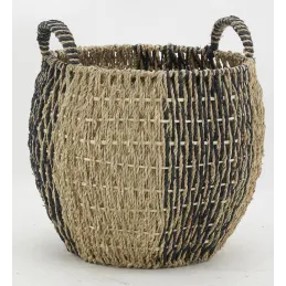 Corbeilles boules en jonc naturel et noir (lot de 3)