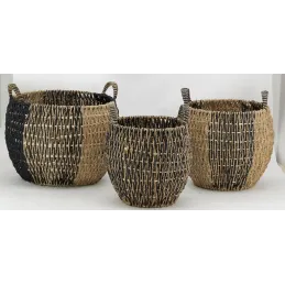 Corbeilles boules en jonc naturel et noir (lot de 3)