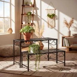 Sellettes porte-plantes en métal vieilli (Lot de 2)