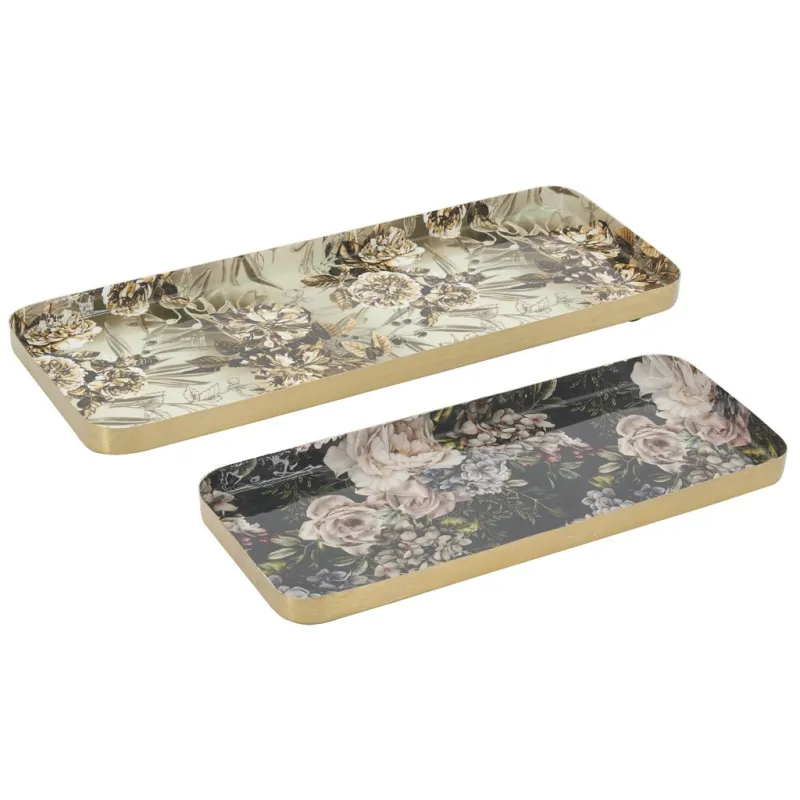 Plateaux rectangulaires en métal Fleurs retro (lot de 2)