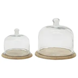 Cloches en verre + plateaux en manguier (lot de 2)