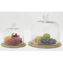 Cloches en verre + plateaux en manguier (lot de 2)