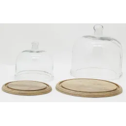 Cloches en verre + plateaux en manguier (lot de 2)