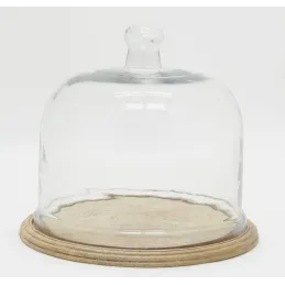 Cloches en verre + plateaux en manguier (lot de 2)