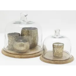 Cloches en verre + plateaux en manguier (lot de 2)