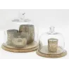 Cloches en verre + plateaux en manguier (lot de 2)