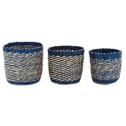 Cache-pots en jonc naturel et bleu (lot de 3)