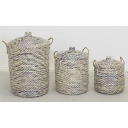 Coffres à linge en jonc naturel et teinté bleu (Série de 3)