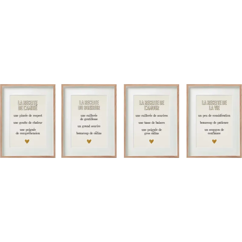 Cadre Recette Amour, Bonheur, Amitié, Vie (Lot de 4)