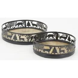 Plateaux ronds en métal et bois Cerf (lot de 2)