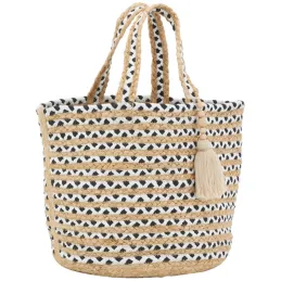 Sac en jute noir et blanc Indi avec pompon