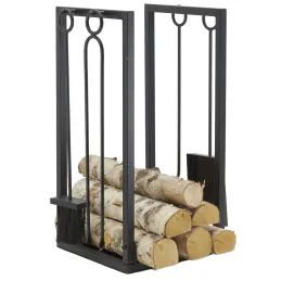 Porte-bûches + 4 accessoires de cheminée en métal noir