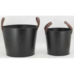 Seaux en métal noir et cuir (lot de 2)