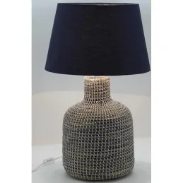 Pied de lampe en jonc naturel et bleu