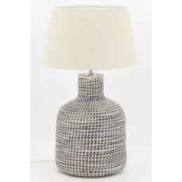 Pied de lampe en jonc naturel et bleu