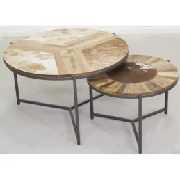 Tables rondes en bois, métal et peau de vache (lot de 2)