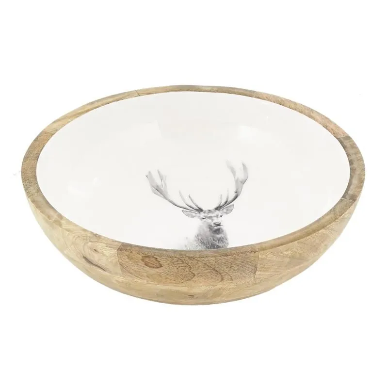 Corbeille ronde en manguier avec résine blanche décor Cerf
