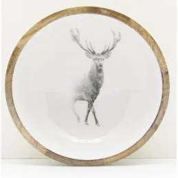 Corbeille ronde en manguier avec résine blanche décor Cerf