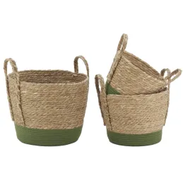 Cache-pots en jonc naturel et coton vert (lot de 3)