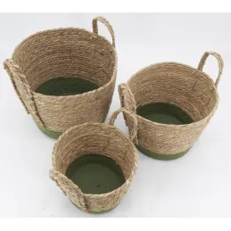 Cache-pots en jonc naturel et coton vert (lot de 3)