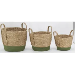 Cache-pots en jonc naturel et coton vert (lot de 3)