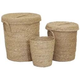 Lot 2 coffres + 1 poubelle en jonc naturel