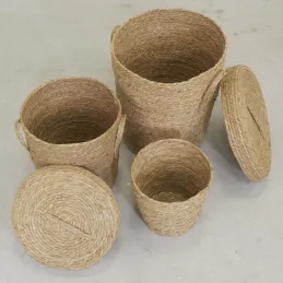 Lot 2 coffres + 1 poubelle en jonc naturel