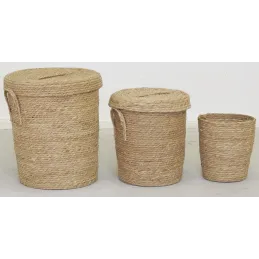 Lot 2 coffres + 1 poubelle en jonc naturel