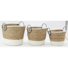 Corbeilles en jonc, coton et métal (lot de 3)