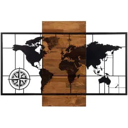 Décoration murale en métal et bois Mappemonde
