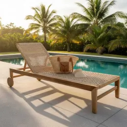 Chaise bain de soleil en teck et cannage synthétique BAIA