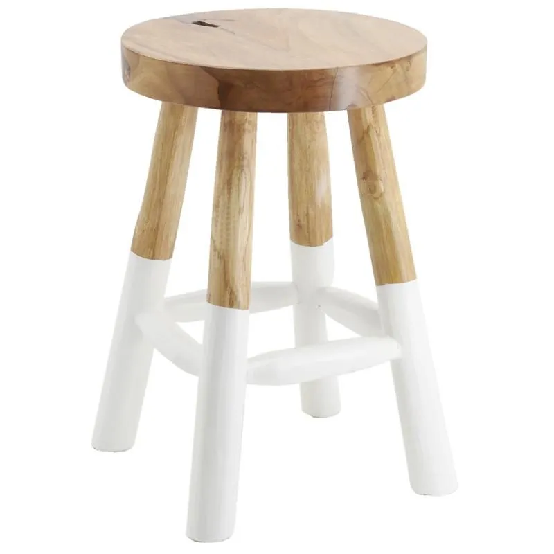 Tabouret bas rond en teck massif naturel et blanc Arden