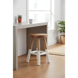 Tabouret bas rond en teck massif naturel et blanc Arden