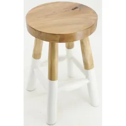 Tabouret bas rond en teck massif naturel et blanc Arden