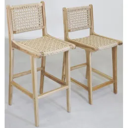 Tabouret bar en teck naturel et cannage BAIA (Lot de 2)