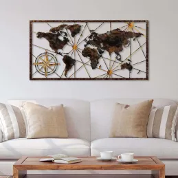 Décoration murale en bois et métal World Map