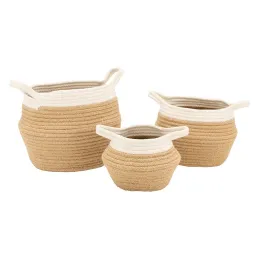 Set de 3 corbeilles en corde blanc et naturel avec 2 anses
