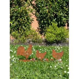 Décor de jardin Poules et Coq en métal vieilli