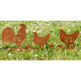 Décor de jardin Poules et Coq en métal vieilli